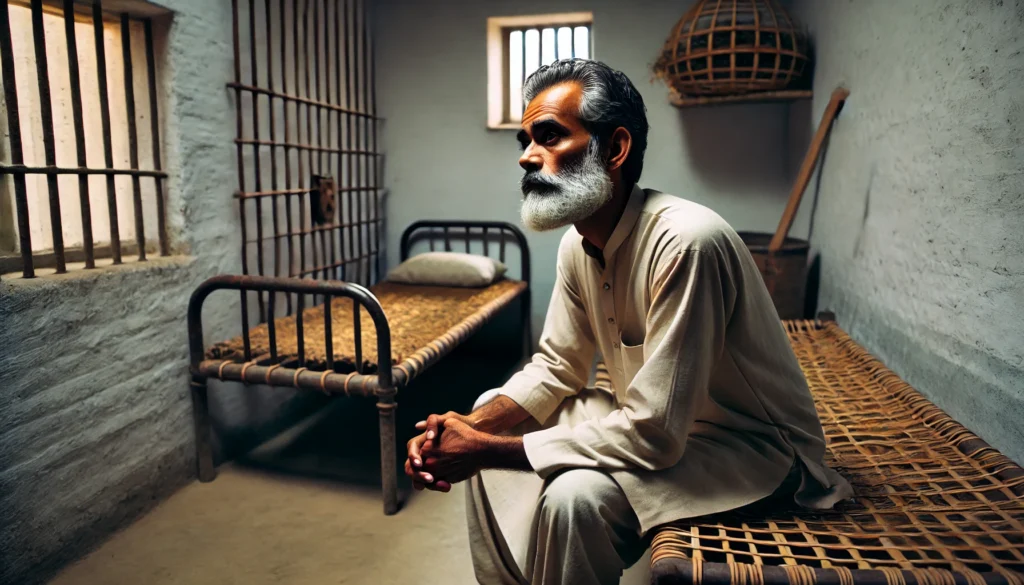 "A teacher sitting behind jail bars, symbolizing truth and struggle."
